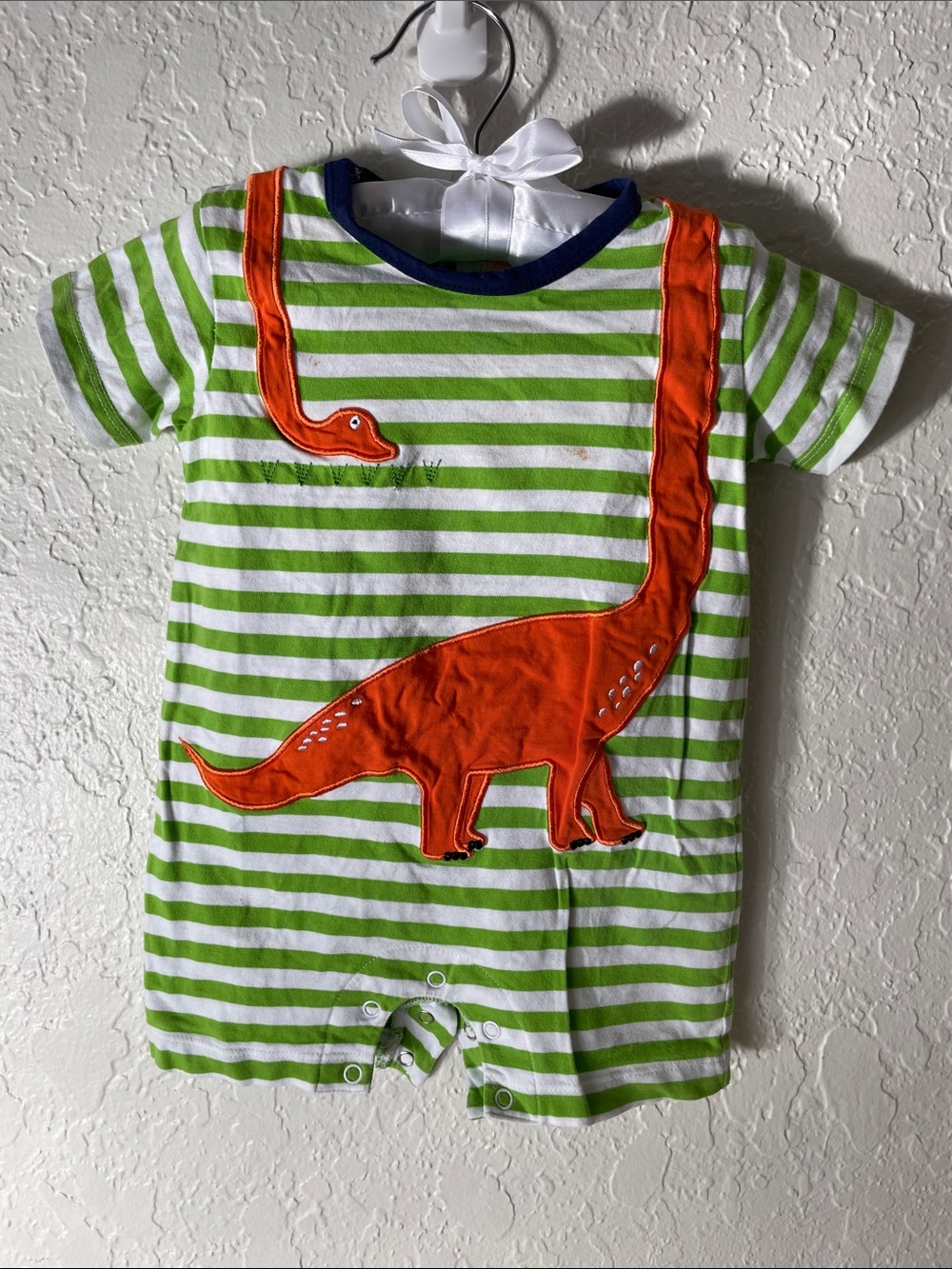 Green & White Striped Dino One-Piece Bodysuit with Orange Applique